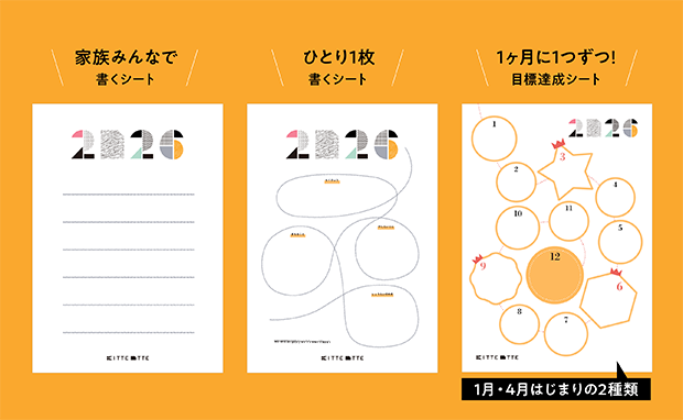 家族みんなで書くシート、ひとり１枚書くシート、１ヶ月に１つずつ！目標達成シート（１月始まり、４月始まり）の３種類